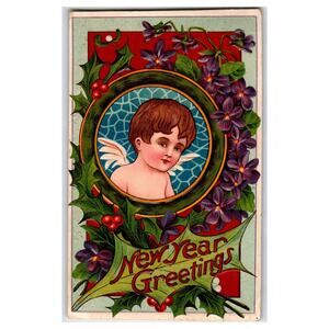 Vintage Embossed New Year Greetings Postcard with Cherub & Holly